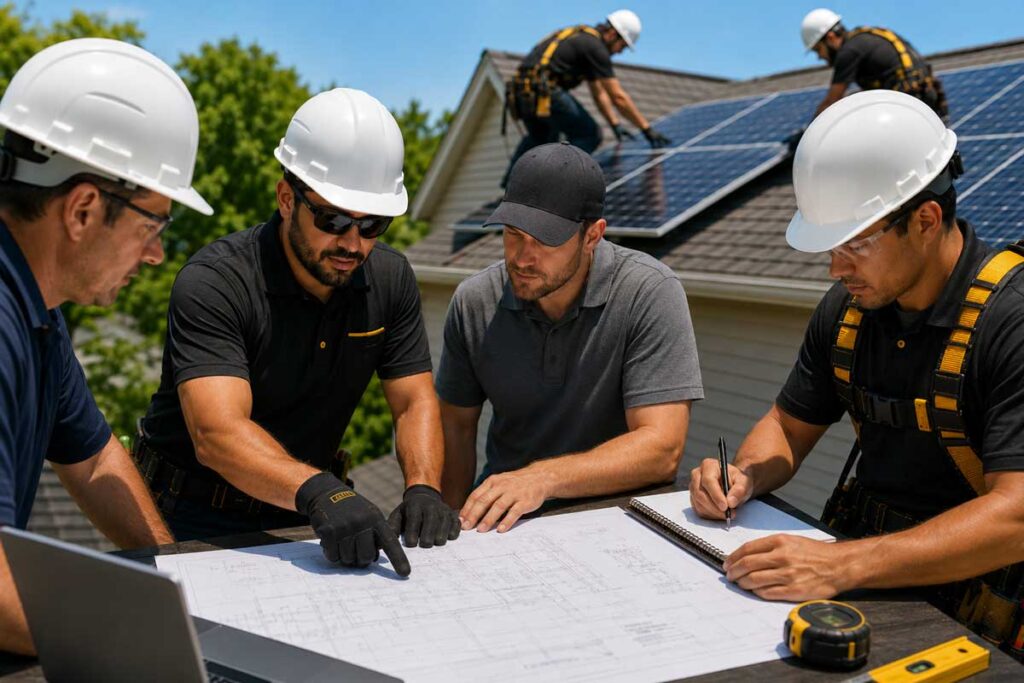 Roofers, contractors, electricians and owners on project coordination