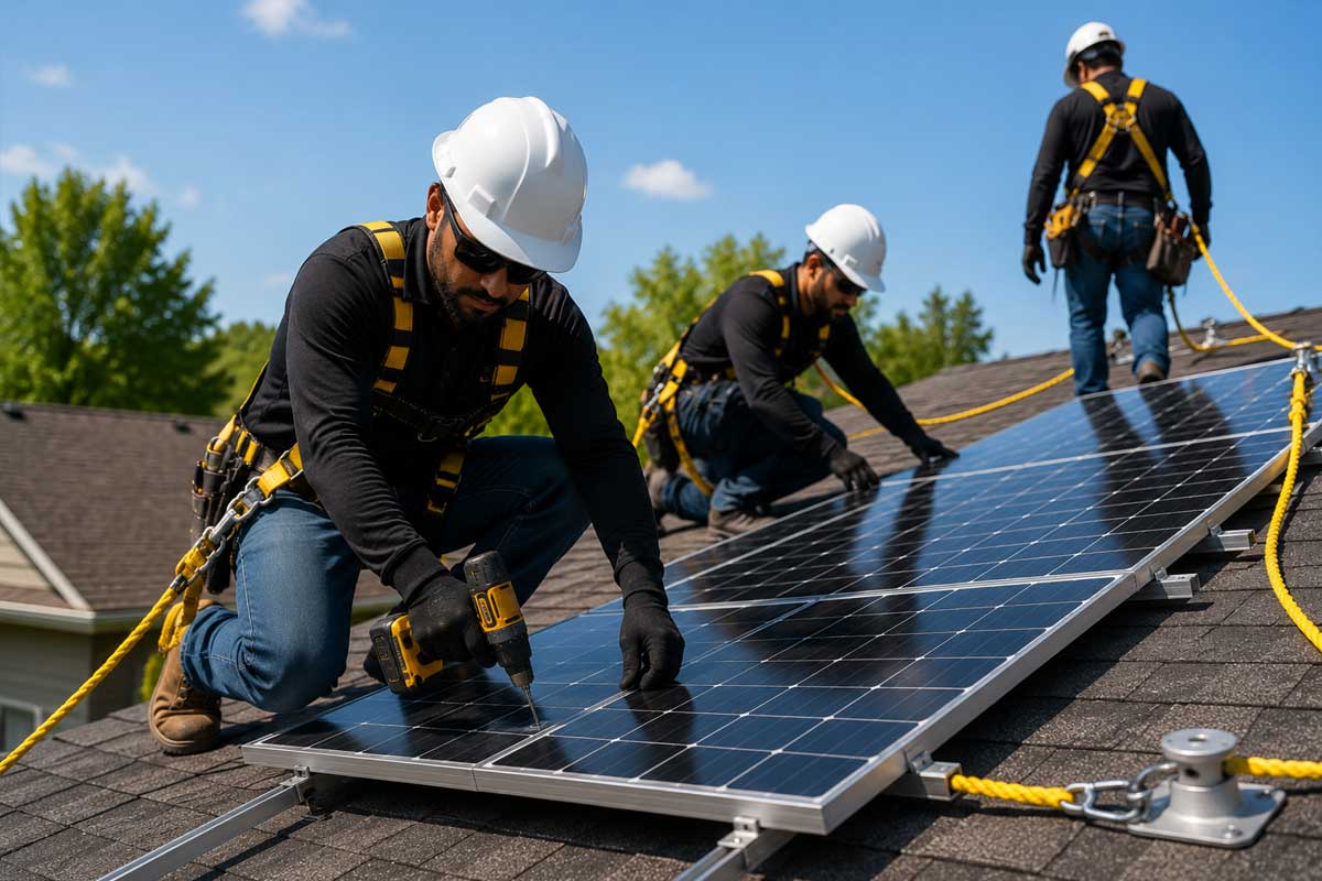 Installer crew using their safety equipment