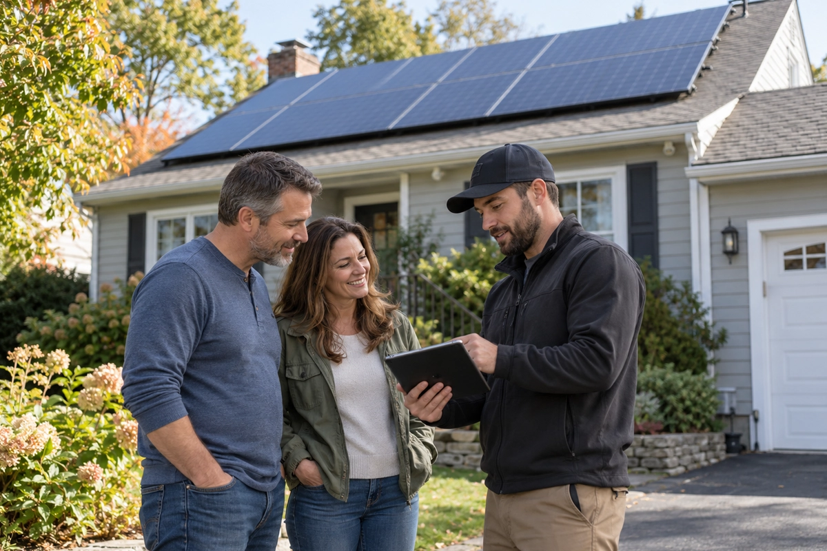 Homewoners with a solar and electrical expert